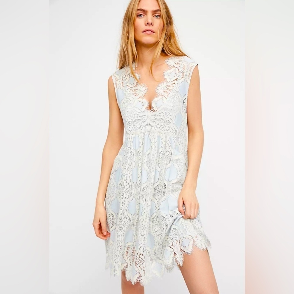 Free People Forget Me Not Lace Mini Dress in Light Blue and Cream